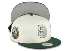 Load image into Gallery viewer, San Diego Padres New Era MLB 59FIFTY 5950 Fitted Cap Hat Cream Crown Dark Green Visor White/Metallic Silver/Black Logo 20th Anniversary Petco Park Side Patch