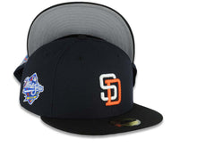 Load image into Gallery viewer, San Diego Padres New Era MLB 59FIFTY 5950 Fitted Cap Hat Navy Blue Crown Black Visor White/Orange Logo 1998 World Series Side Patch Gray UV