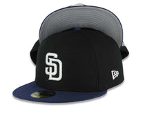 Load image into Gallery viewer, San Diego Padres New Era MLB 59FIFTY 5950 Fitted Cap Hat Black Crown Navy Blue Visor White Logo Gray UV