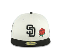 Load image into Gallery viewer, San Diego Padres New Era MLB 59FIFTY 5950 Fitted Cap Hat Cream Crown Black Visor Black Logo With Rose 40th Anniversary Side Patch Gray UV