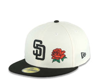 Load image into Gallery viewer, San Diego Padres New Era MLB 59FIFTY 5950 Fitted Cap Hat Cream Crown Black Visor Black Logo With Rose 40th Anniversary Side Patch Gray UV