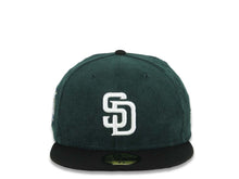 Load image into Gallery viewer, (Corduroy Crown) San Diego Padres New Era MLB 59FIFTY 5950 Fitted Cap Hat Dark Green Crown Black Visor White Logo 40th Anniversary Side Patch
