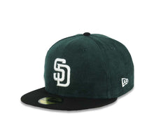 Load image into Gallery viewer, (Corduroy Crown) San Diego Padres New Era MLB 59FIFTY 5950 Fitted Cap Hat Dark Green Crown Black Visor White Logo 40th Anniversary Side Patch