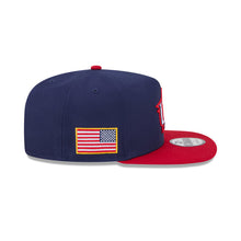 Load image into Gallery viewer, USA New Era WBC World Baseball Classic 9FIFTY 950 Snapback A-Frame Cap Hat Navy Blue Crown Red Visor Team Color Logo USA Flag Side Patch