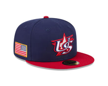Load image into Gallery viewer, USA New Era WBC World Baseball Classic 59FIFTY 5950 Fitted Cap Hat Navy Blue Crown Red Visor Team Color Logo USA Flag Side Patch