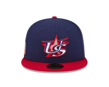 Load image into Gallery viewer, USA New Era WBC World Baseball Classic 59FIFTY 5950 Fitted Cap Hat Navy Blue Crown Red Visor Team Color Logo USA Flag Side Patch