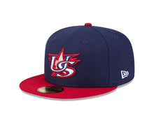 Load image into Gallery viewer, USA New Era WBC World Baseball Classic 59FIFTY 5950 Fitted Cap Hat Navy Blue Crown Red Visor Team Color Logo USA Flag Side Patch