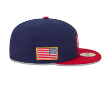 Load image into Gallery viewer, USA New Era WBC World Baseball Classic 59FIFTY 5950 Fitted Cap Hat Navy Blue Crown Red Visor Team Color Logo USA Flag Side Patch