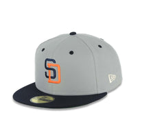 Load image into Gallery viewer, San Diego Padres New Era MLB 59FIFTY 5950 Fitted Cap Hat Gray Crown Navy Blue Visor Navy Blue/Orange Logo 25th Anniversary Side Patch Green UV