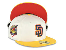Load image into Gallery viewer, San Diego Padres New Era MLB 59FIFTY 5950 Fitted Cap Hat Cream Crown Yellow Visor Navy Blue/Yellow/Orange Logo 40th Anniversary Side Patch Red UV