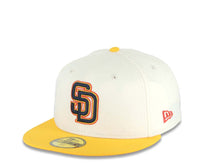 Load image into Gallery viewer, San Diego Padres New Era MLB 59FIFTY 5950 Fitted Cap Hat Cream Crown Yellow Visor Navy Blue/Yellow/Orange Logo 40th Anniversary Side Patch Red UV