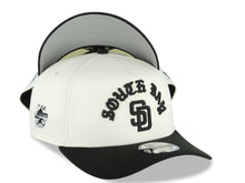 Load image into Gallery viewer, San Diego Padres New Era MLB 9FORTY 940 Adjustable A-Frame Cap Hat Cream Crown Black Visor Black Script/Text Logo South Bay Pier Side Patch Gray UV