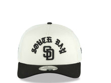 Load image into Gallery viewer, San Diego Padres New Era MLB 9FORTY 940 Adjustable A-Frame Cap Hat Cream Crown Black Visor Black Script/Text Logo South Bay Pier Side Patch Gray UV