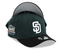 Load image into Gallery viewer, (Corduroy Crown) San Diego Padres New Era MLB 9FORTY 940 Adjustable A-Frame Cap Hat Dark Green Crown Black Visor White Logo Petcopark Stadium Side Patch