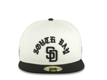 Load image into Gallery viewer, San Diego Padres New Era MLB 59FIFTY 5950 Fitted Cap Hat Cream Crown Black Visor Black Logo South Bay Pier Side Patch