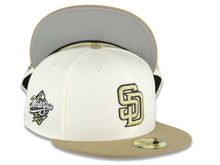 Load image into Gallery viewer, San Diego Padres New Era MLB 59FIFTY 5950 Fitted Cap Hat Cream Crown Khaki Visor Metallic Gold/Black Logo 1998 World Series Side Patch