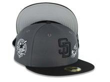 Load image into Gallery viewer, San Diego Padres New Era MLB 59FIFTY 5950 Fitted Cap Hat Dark Gray Crown Black Visor Black Logo With Rose 40th Anniversary Side Patch