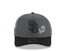 Load image into Gallery viewer, San Diego Padres New Era MLB 9FORTY 940 Adjustable A-Frame Cap Hat Dark Gray Crown Black Visor Black Logo With White Rose 40th Anniversary Side Patch
