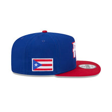 Load image into Gallery viewer, Puerto Rico New Era WBC World Baseball Classic 9FIFTY 950 Snapback A-Frame Cap Hat Royal Blue Crown Red Visor Team Color Logo Puerto Rico Flag Side Patch