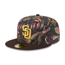 Load image into Gallery viewer, San Diego Padres New Era MLB 59FIFTY 5950 Fitted Cap Hat Leaves Camo Crown Brown Visor Yellow Logo 50th Anniversary Side Patch