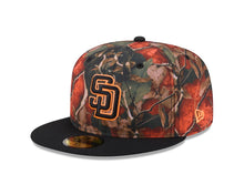 Load image into Gallery viewer, San Diego Padres New Era MLB 59FIFTY 5950 Fitted Cap Hat Leaves Crown Black Visor Black/Orange Logo 50th Anniversary Side Patch