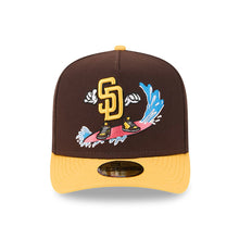 Load image into Gallery viewer, San Diego Padres New Era MLB 9FORTY 940 Adjustable A-Frame Cap Hat Brown Crown Yellow Visor Yellow Logo With Surfing Cartoon