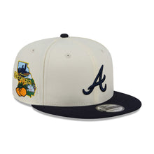 Load image into Gallery viewer, Atlanta Braves New Era MLB 9FIFTY 950 Snapback Cap Hat Cream Crown Navy Blue Visor Navy Blue Logo Localized Map Side Patch