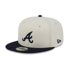 Load image into Gallery viewer, Atlanta Braves New Era MLB 9FIFTY 950 Snapback Cap Hat Cream Crown Navy Blue Visor Navy Blue Logo Localized Map Side Patch