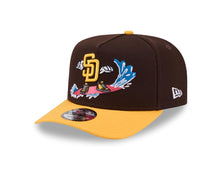 Load image into Gallery viewer, San Diego Padres New Era MLB 9FORTY 940 A-Frame Snapback Cap Hat Brown Crown Yellow Visor Yellow Logo With Surfing Cartoon