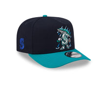 Load image into Gallery viewer, Seattle Mariners New Era MLB 9FORTY 940 A-Frame Snapback Cap Hat Navy Blue Crown Teal Visor Team Color Logo With Raining Cartoon