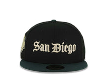 Load image into Gallery viewer, San Diego Padres New Era MLB 59FIFTY 5950 Fitted Cap Hat Black Crown Dark Green Visor Cream San Diego Script Logo 1992 All-Star Game Side Patch