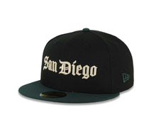 Load image into Gallery viewer, San Diego Padres New Era MLB 59FIFTY 5950 Fitted Cap Hat Black Crown Dark Green Visor Cream San Diego Script Logo 1992 All-Star Game Side Patch