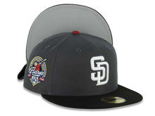 Load image into Gallery viewer, San Diego Padres New Era MLB 59FIFTY 5950 Fitted Cap Hat Dark Gray Crown Black Visor White Logo 40th Anniversary Side Patch Gray UV