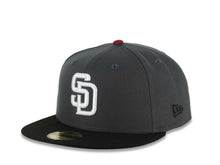 Load image into Gallery viewer, San Diego Padres New Era MLB 59FIFTY 5950 Fitted Cap Hat Dark Gray Crown Black Visor White Logo 40th Anniversary Side Patch Gray UV