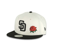 Load image into Gallery viewer, (Youth)San Diego Padres New Era MLB 9FIFTY 950 Kid Snapback Cap Hat Cream Crown Black Visor Black Logo With Rose 40th Anniversary Side Patch
