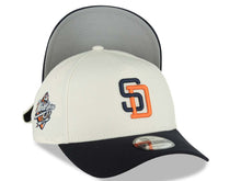 Load image into Gallery viewer, San Diego Padres New Era MLB 9FORTY 940 Adjustable A-Frame Cap Hat Chrome White Crown Navy Blue Visor Navy/Orange Logo 1998 World Series Side Patch