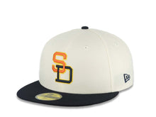 Load image into Gallery viewer, San Diego Padres New Era MLB 59FIFTY 5950 Fitted Cap Hat Chrome White Crown Navy Blue Visor Orange/Navy/Yellow Logo 1998 World Series Side Patch