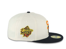 Load image into Gallery viewer, San Diego Padres New Era MLB 59FIFTY 5950 Fitted Cap Hat Chrome White Crown Navy Blue Visor Orange/Navy/Yellow Logo 1998 World Series Side Patch