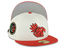 Load image into Gallery viewer, Mexico Aztec New Era 59FIFTY 5950 Fitted Cap Hat Chrome White Crown Red Visor Red/Black Aztec Headress Logo Aztec Calendar Side Patch Gray UV