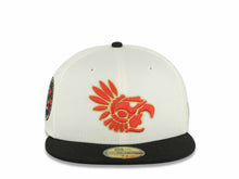 Load image into Gallery viewer, Mexico Aztec New Era 59FIFTY 5950 Fitted Cap Hat Chrome White Crown Black Visor Red/Metallic Gold Headress Logo Aztec Calendar Side Patch Gray UV