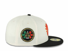 Load image into Gallery viewer, Mexico Aztec New Era 59FIFTY 5950 Fitted Cap Hat Chrome White Crown Black Visor Red/Metallic Gold Headress Logo Aztec Calendar Side Patch Gray UV