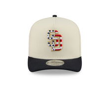 Load image into Gallery viewer, San Diego Padres New Era MLB 9FIFTY 950 Snapback A-Frame Cap Hat Cream Crown Navy Visor White/Red Logo 250th Anniversary Side Patch (2026 4th of July)