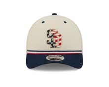 Load image into Gallery viewer, San Diego Padres New Era MLB 9FORTY 940 Adjustable M-Crown Cap Cream Crown Navy Visor Navy/Red Logo 250th Anniversary Side Patch (2026 4th of July)