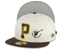 Load image into Gallery viewer, San Diego Padres New Era MLB 59FIFTY 5950 Fitted Cap Hat Cream Crown Dark Brown Visor Dark Brown/Yellow P Logo With Swinging Friar Gray UV