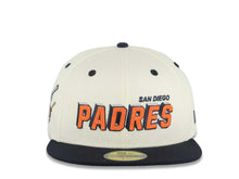 Load image into Gallery viewer, San Diego Padres New Era MLB 59FIFTY 5950 Fitted Cap Hat Cream Crown Navy Blue Visor Orange/Navy/White Script Logo Swinging Friar Side Patch Green UV
