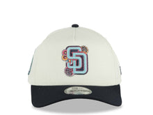 Load image into Gallery viewer, San Diego Padres New Era MLB 9FORTY 940 Adjustable A-Frame Cap Hat Cream Crown Navy Blue Visor Turquoise Logo With Rose 20 Years Petco Park Side Patch