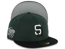 Load image into Gallery viewer, San Diego Padres New Era MLB 59FIFTY 5950 Fitted Cap Hat Dark Green Crown Black Visor White/Black Logo 1998 World Series Side Patch Gray UV
