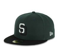 Load image into Gallery viewer, San Diego Padres New Era MLB 59FIFTY 5950 Fitted Cap Hat Dark Green Crown Black Visor White/Black Logo 1998 World Series Side Patch Gray UV