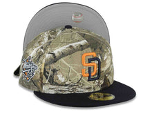 Load image into Gallery viewer, San Diego Padres New Era MLB 59FIFTY 5950 Fitted Cap Hat Real Tree Edge Camo Crown Navy Blue Visor Orange/Navy Blue Logo 1998 World Series Side Patch