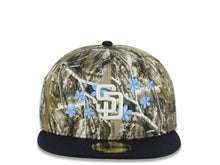 Load image into Gallery viewer, San Diego Padres New Era MLB 59FIFTY 5950 Fitted Cap Hat Real Tree Edge Camo Crown Navy Blue Visor White Logo With Roses 40th Anniversary Side Patch